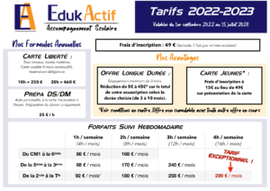Tarifs Eduk Actif année 2022 2023